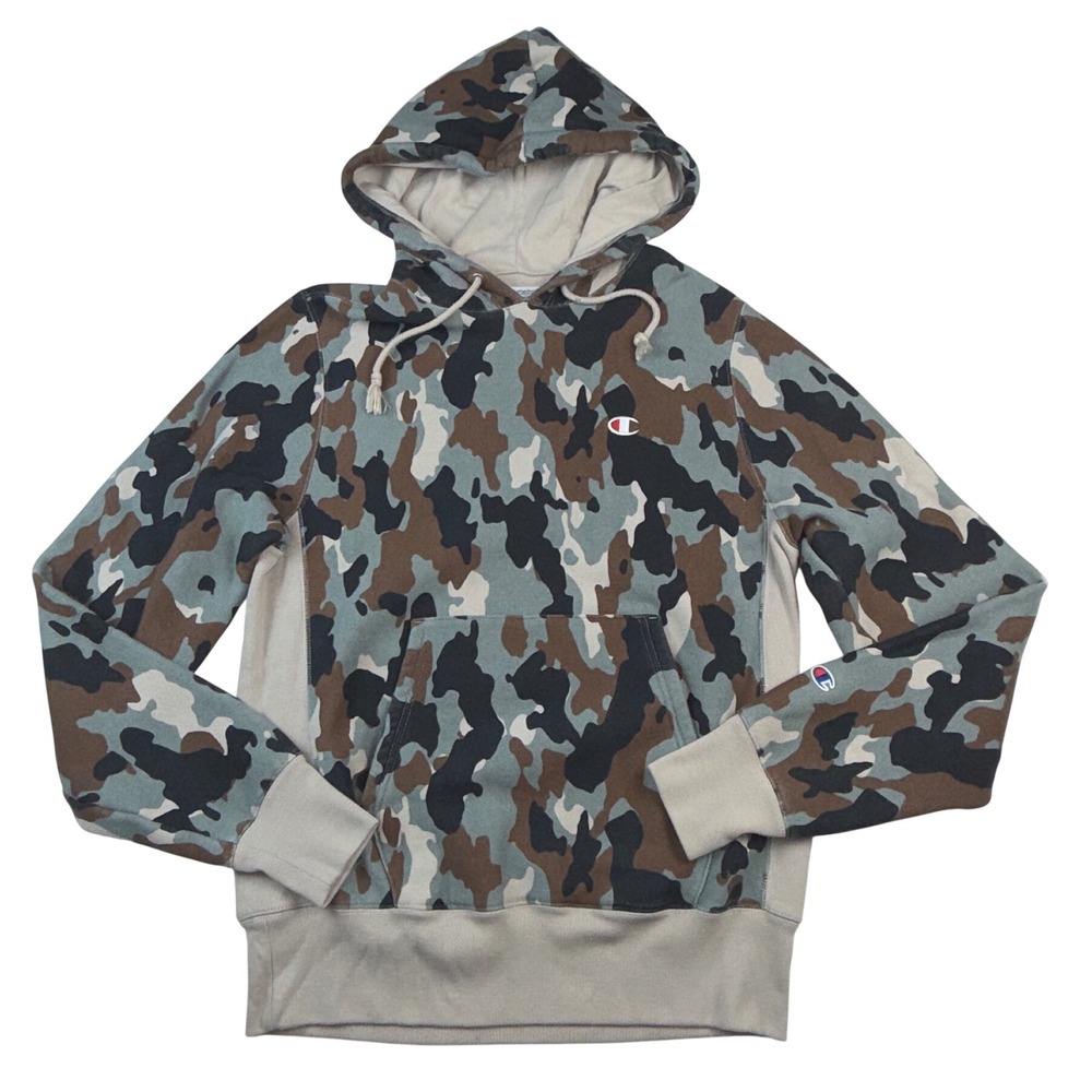 Champion Reverse Weave Camo Hoodie Mens Medium Blue Brown Camouflage Sweatshirt